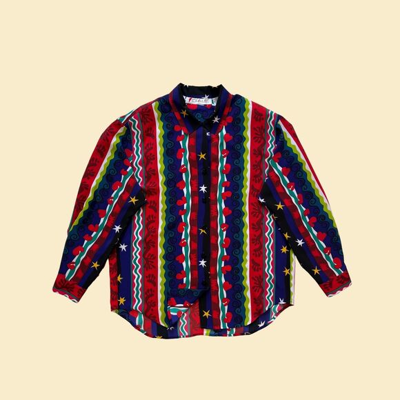 1980s abstract blouse, Chaus size 16 vintage 80s striped purple/red button down - Picture 1 of 10